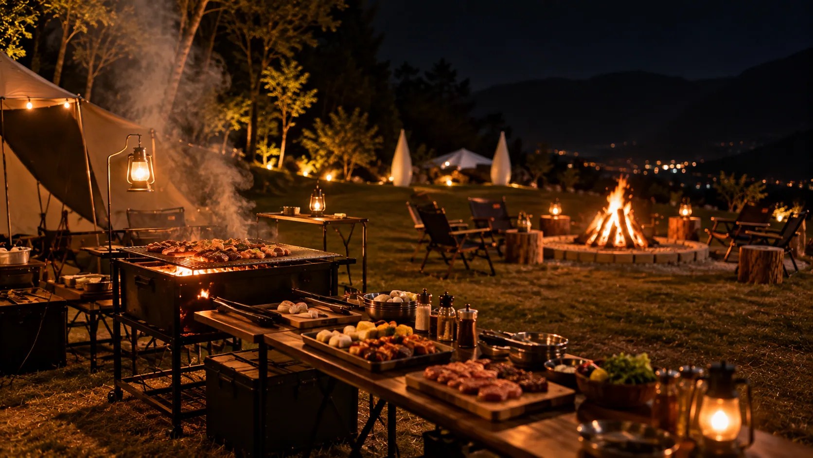 A barbecue spread by lantern light, the campfire behind