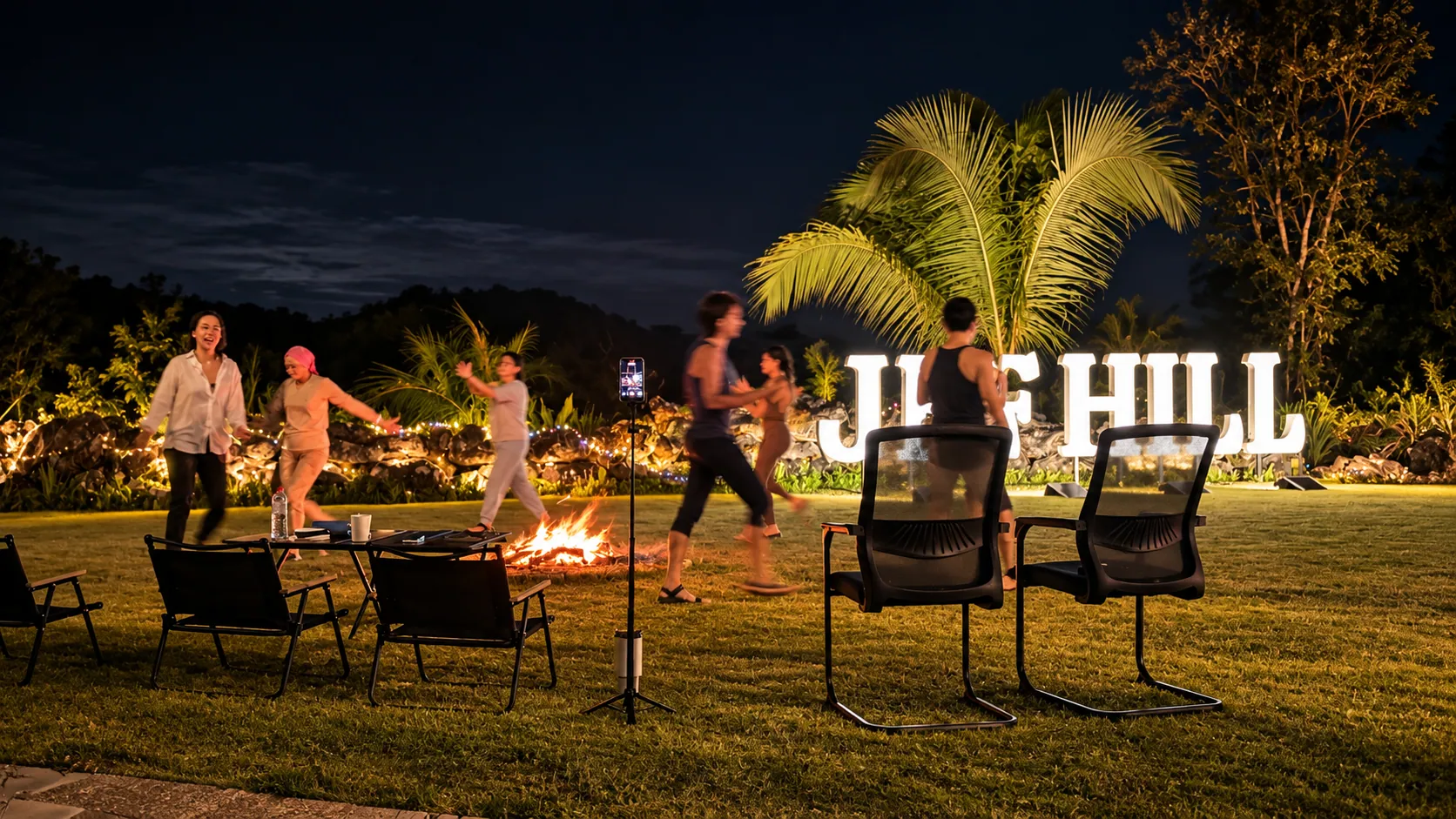 Guests dancing around the campfire at night