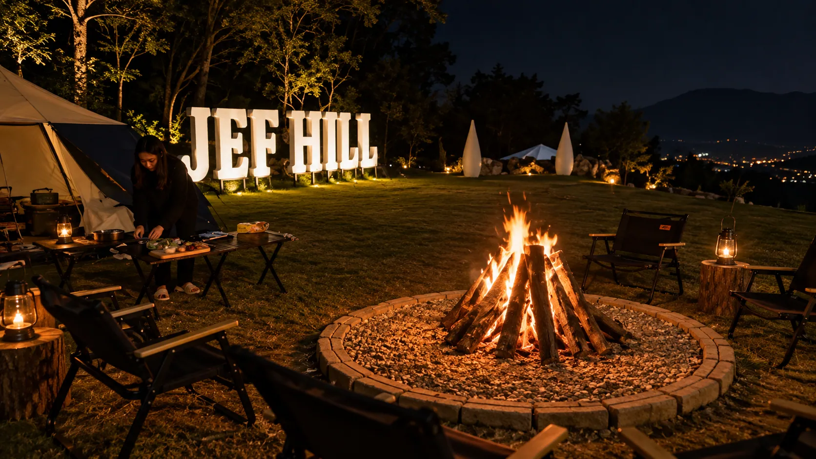 The campfire circle at night beside the Jef Hill sign