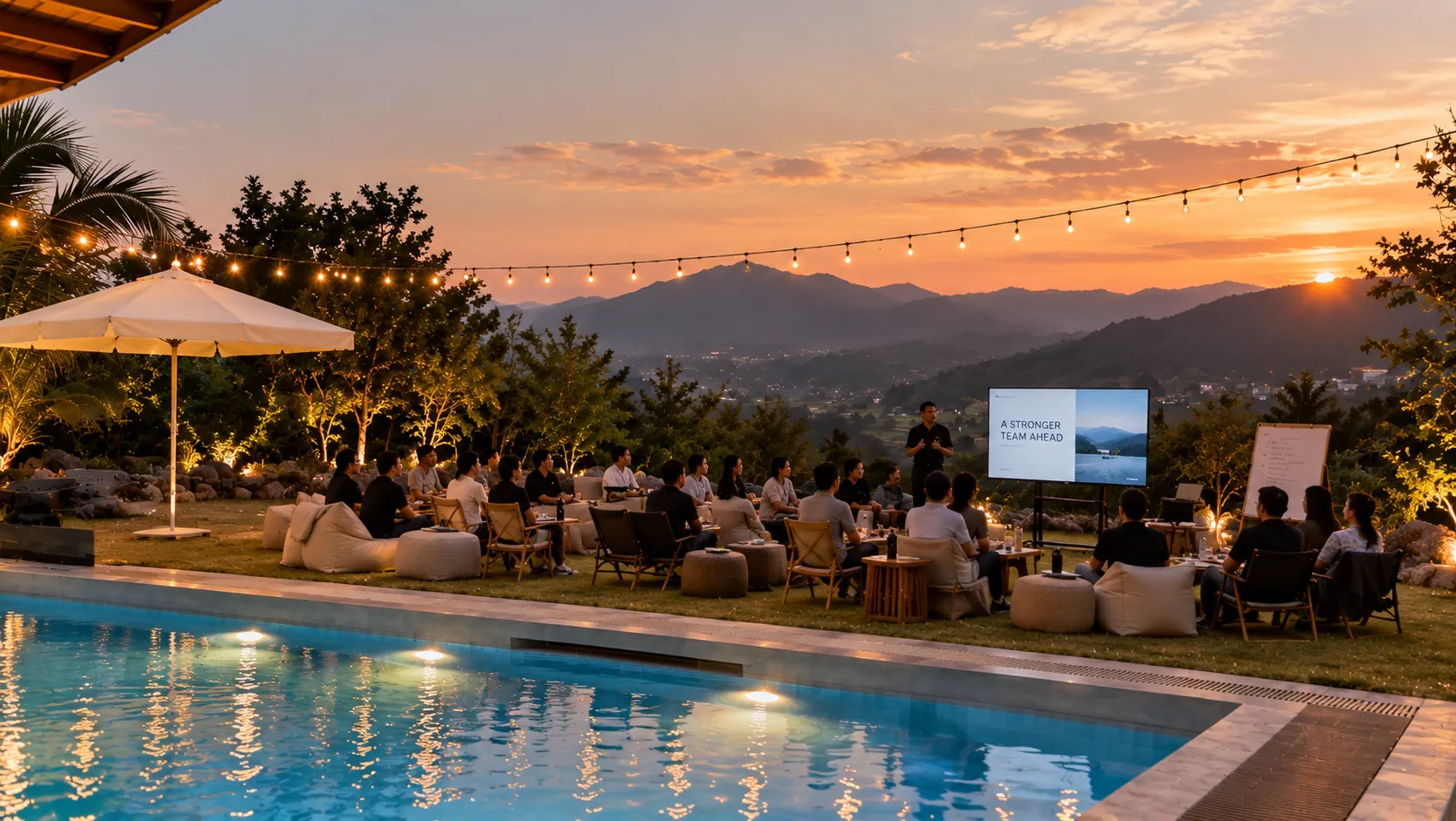 A team session beside the pool at sunset
