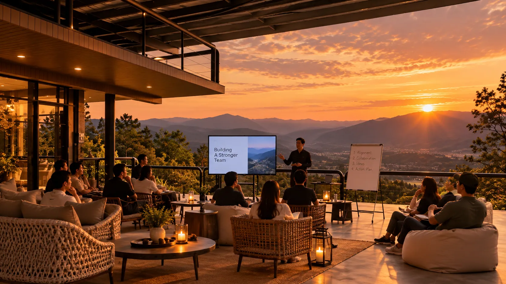A team presentation on the terrace at sunset