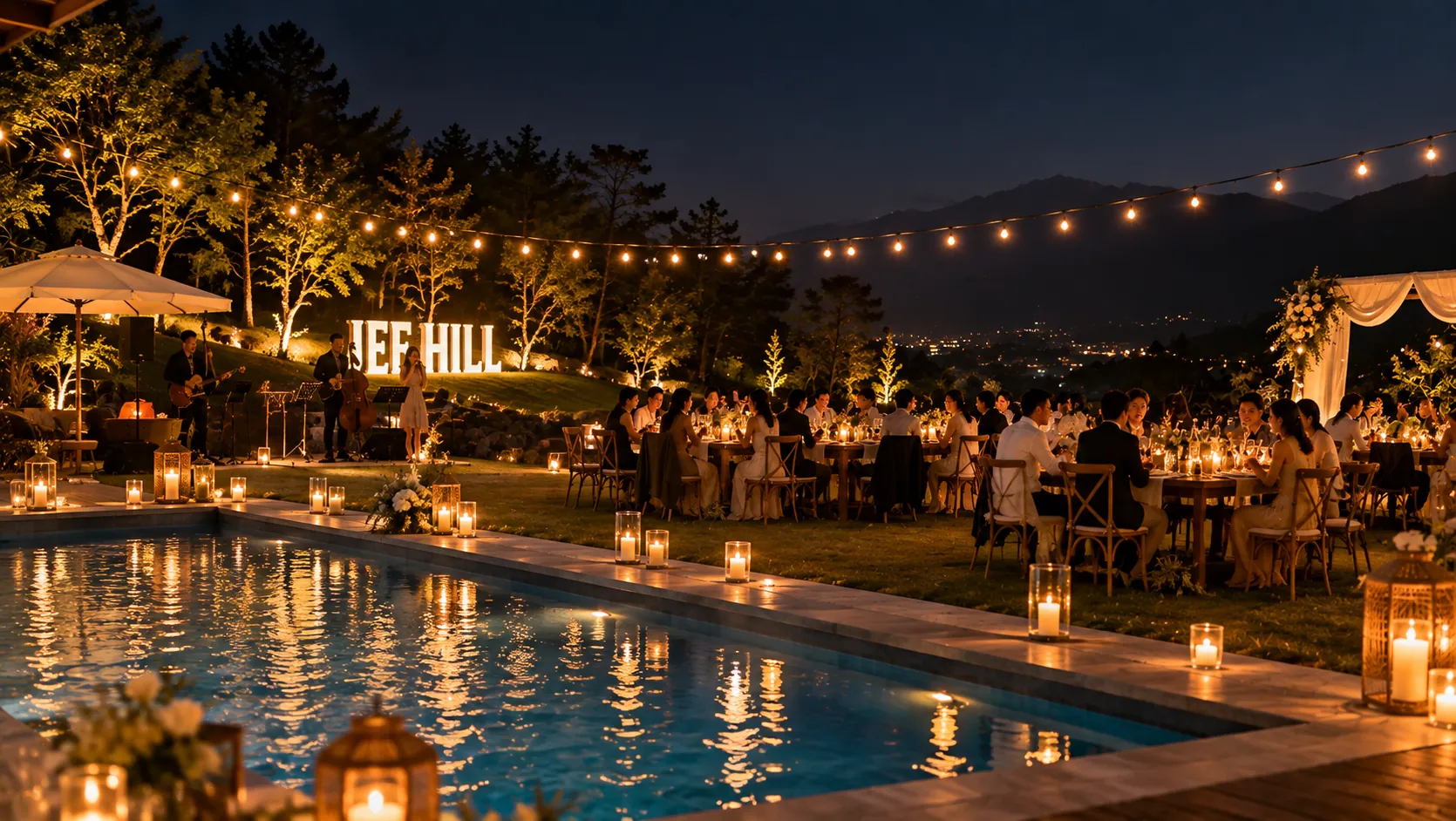 A celebration dinner by the pool under string lights