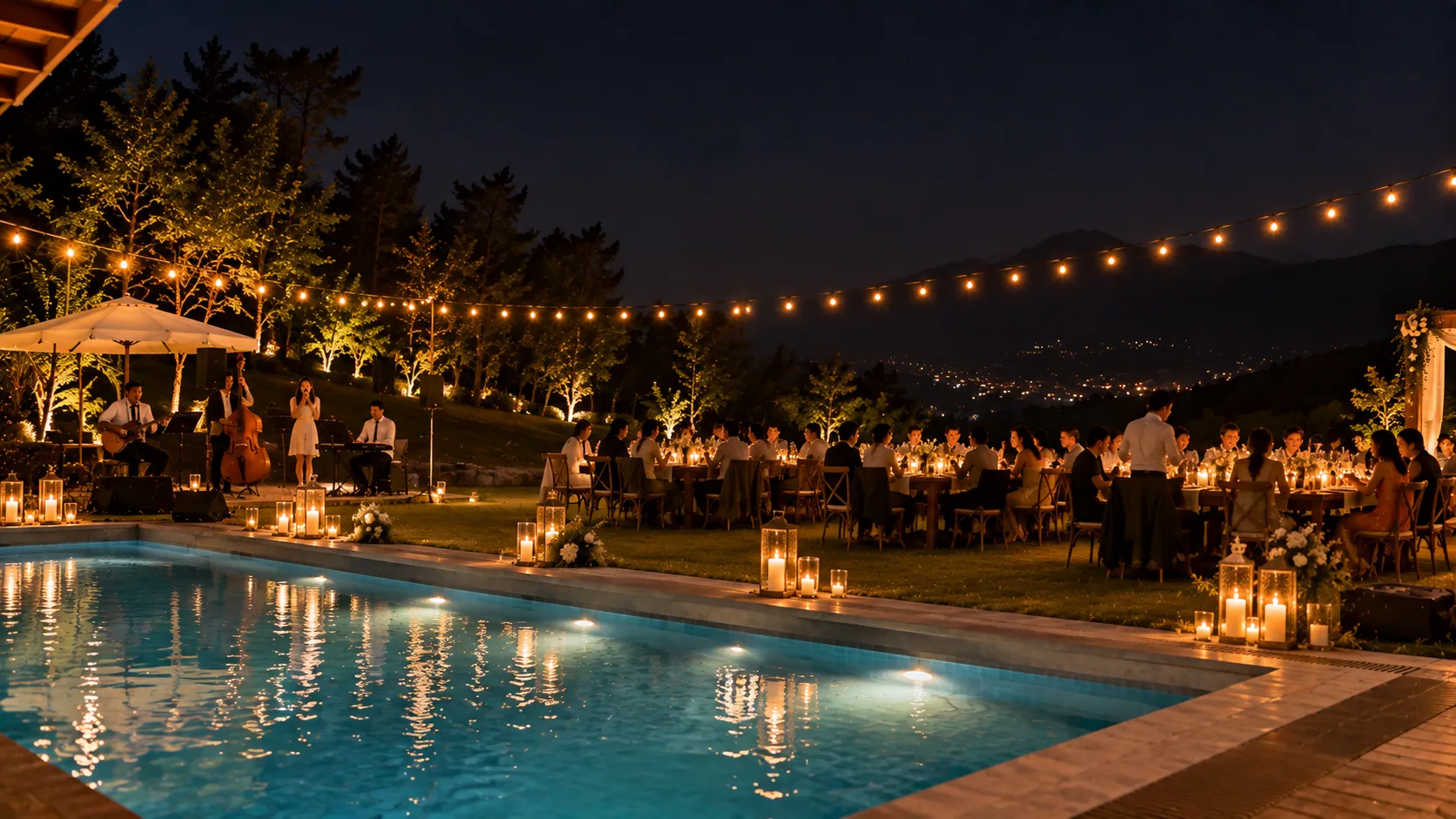 Long tables of guests by the lit pool at night