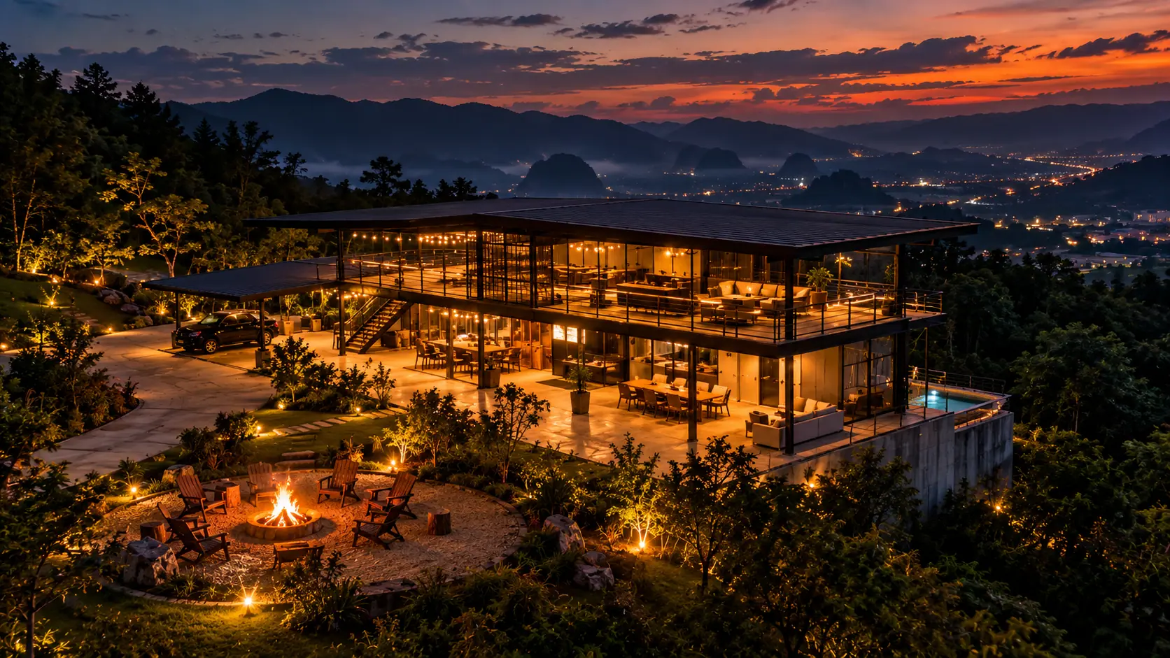 Jef Hill at dusk from above, lit up among the trees, with the valley and the lights of Ipoh beyond