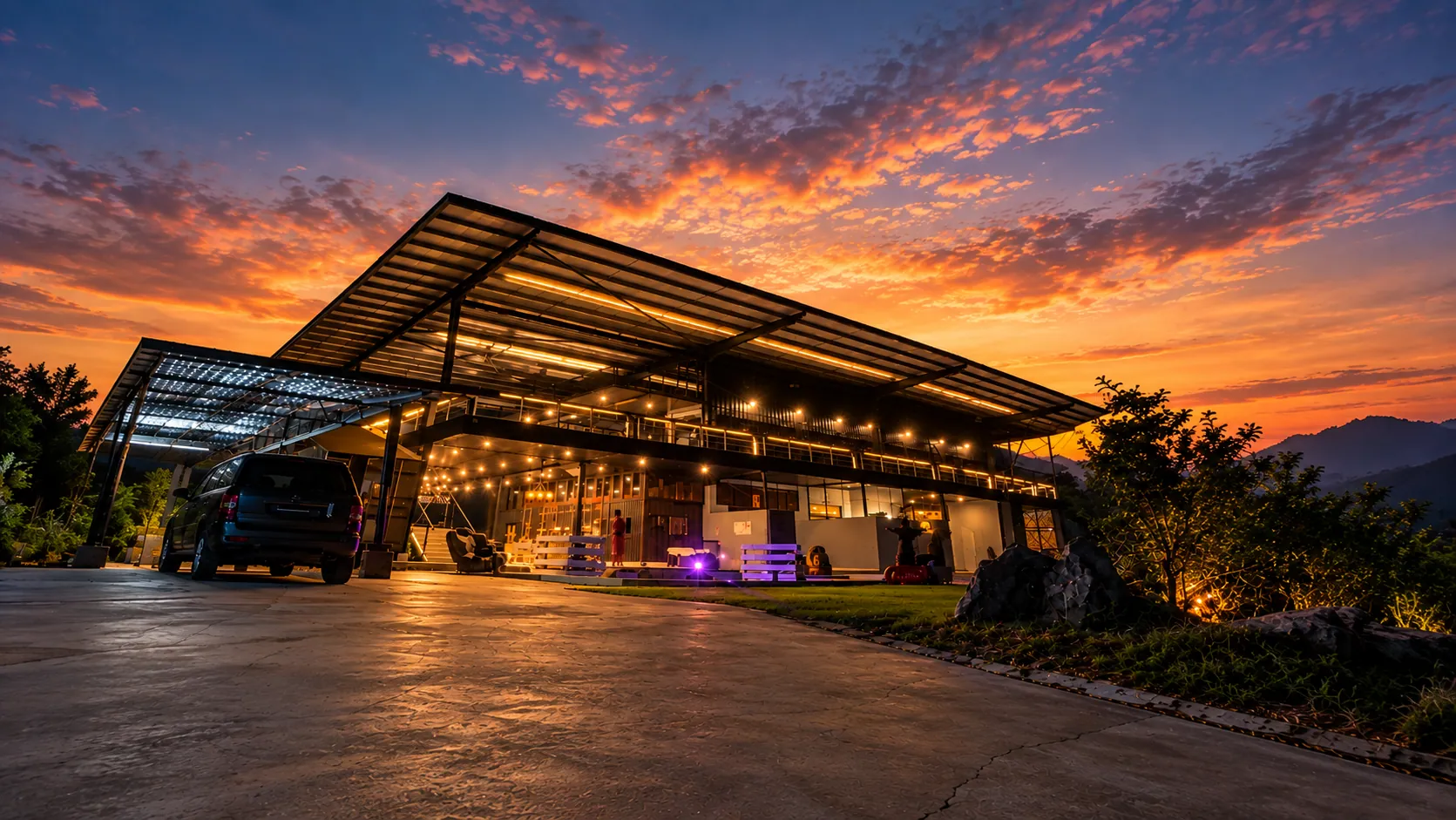 Arriving at the front of the estate at sunset