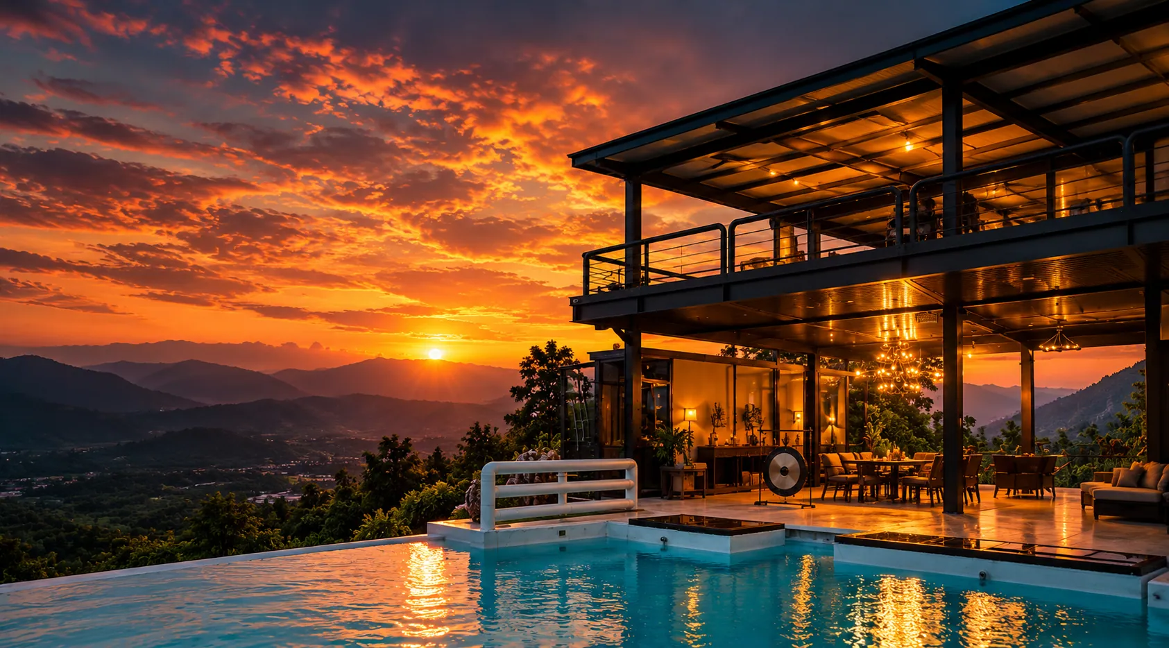 The pool and open-air living space at sunset, the hills and valley behind