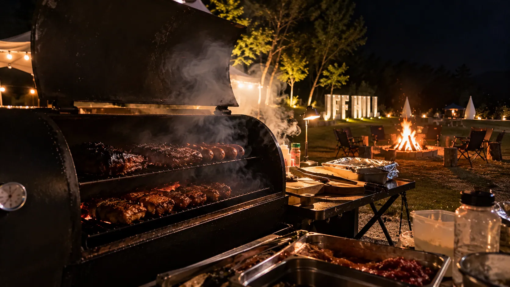 Meat on the smoker at night, the campfire burning beyond