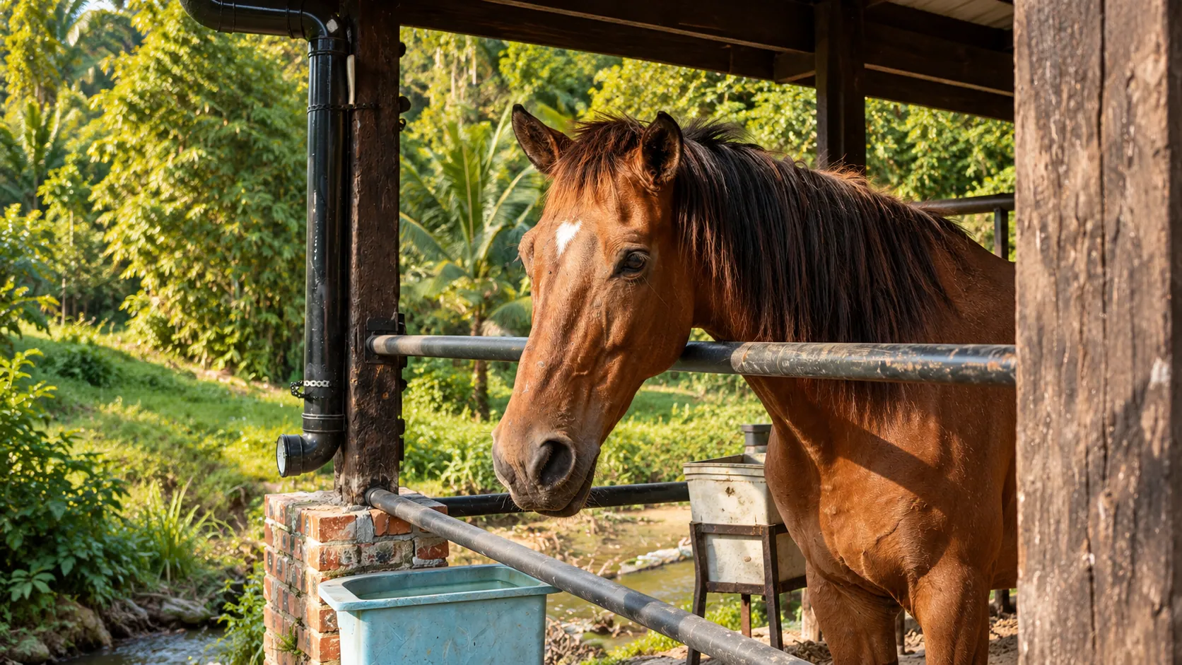 A horse at the stable, ready for a ride