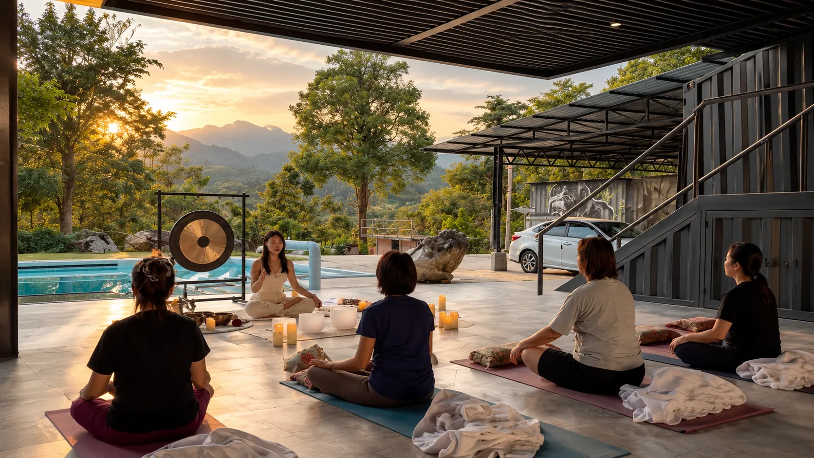 A meditation session with a gong beside the pool