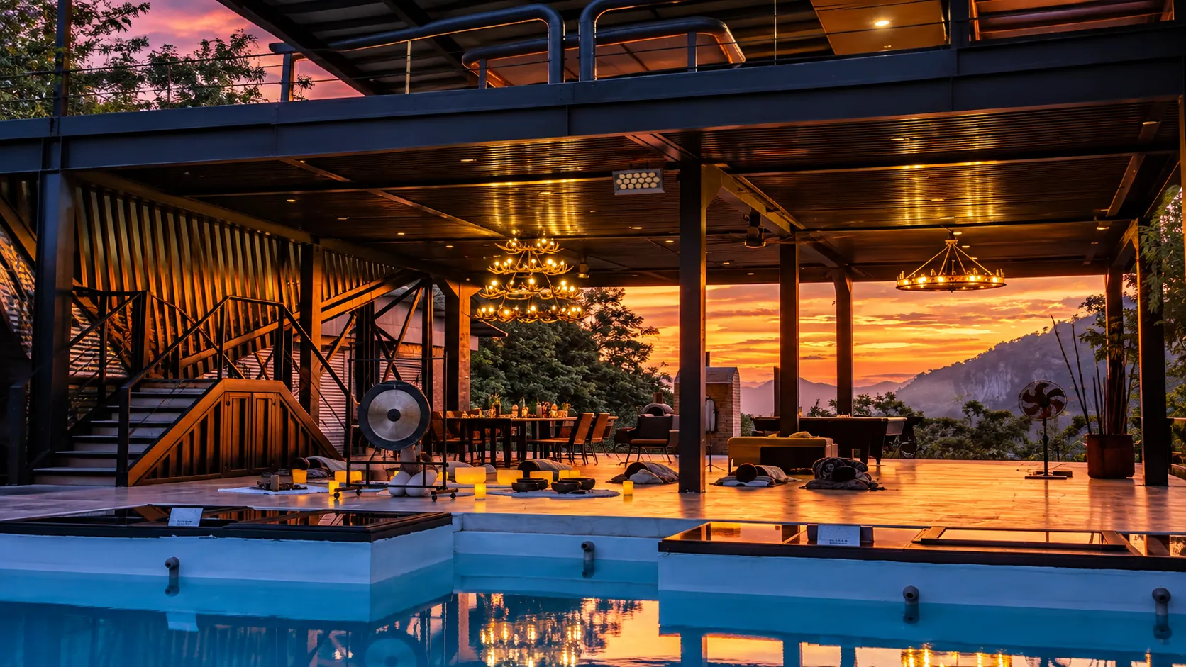 The open-air living space above the pool at sunset, chandeliers lit