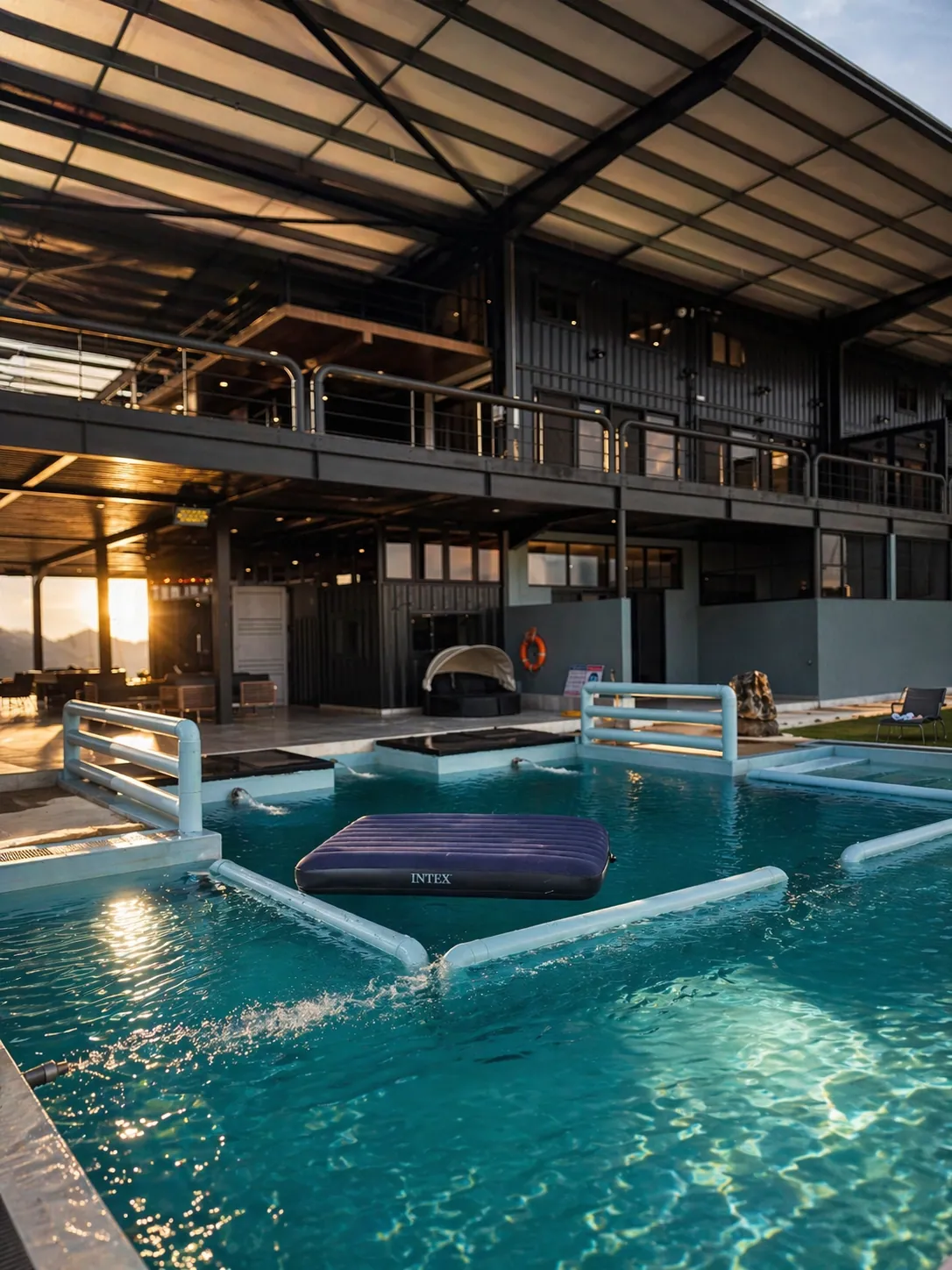 The pool beside the house in the late afternoon