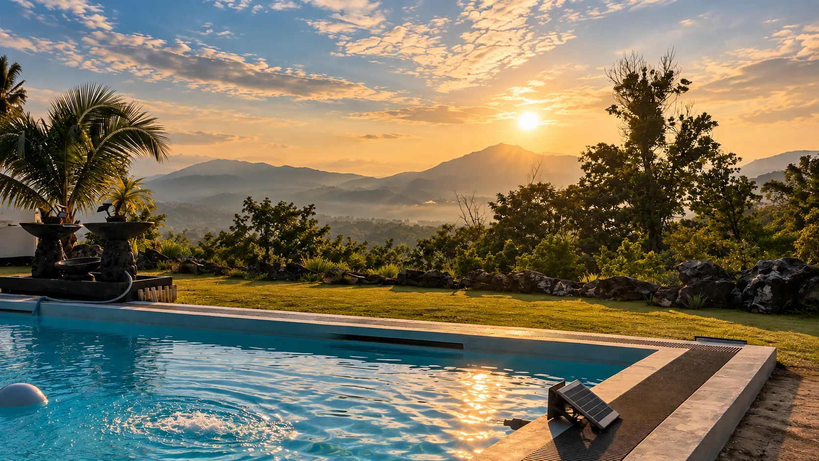 The pool looking out over the hills as the sun sets