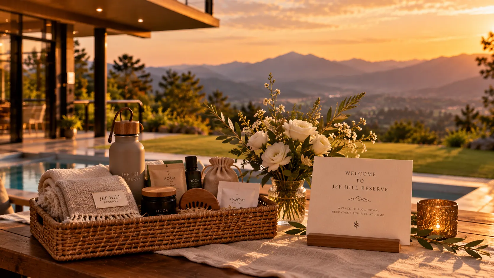 A Jef Hill Reserve welcome basket, card and flowers