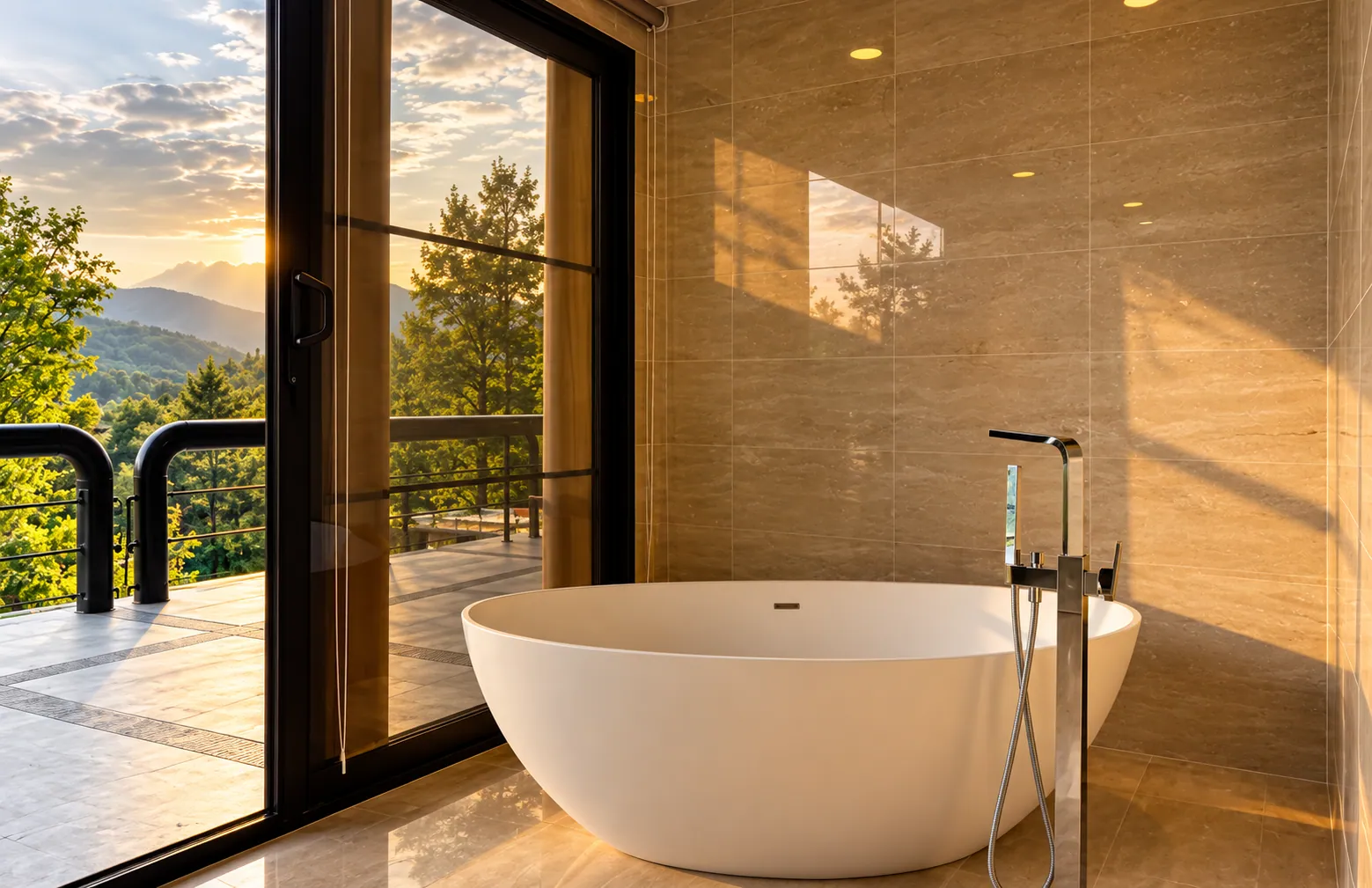A bathroom with a freestanding tub and a view of the hills