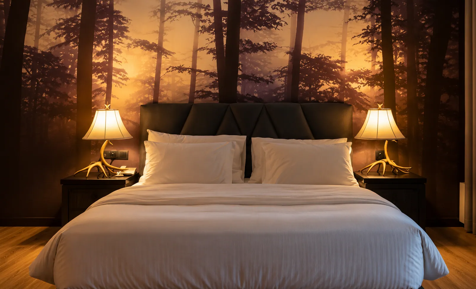 A king bedroom with warm bedside lamps and a forest mural