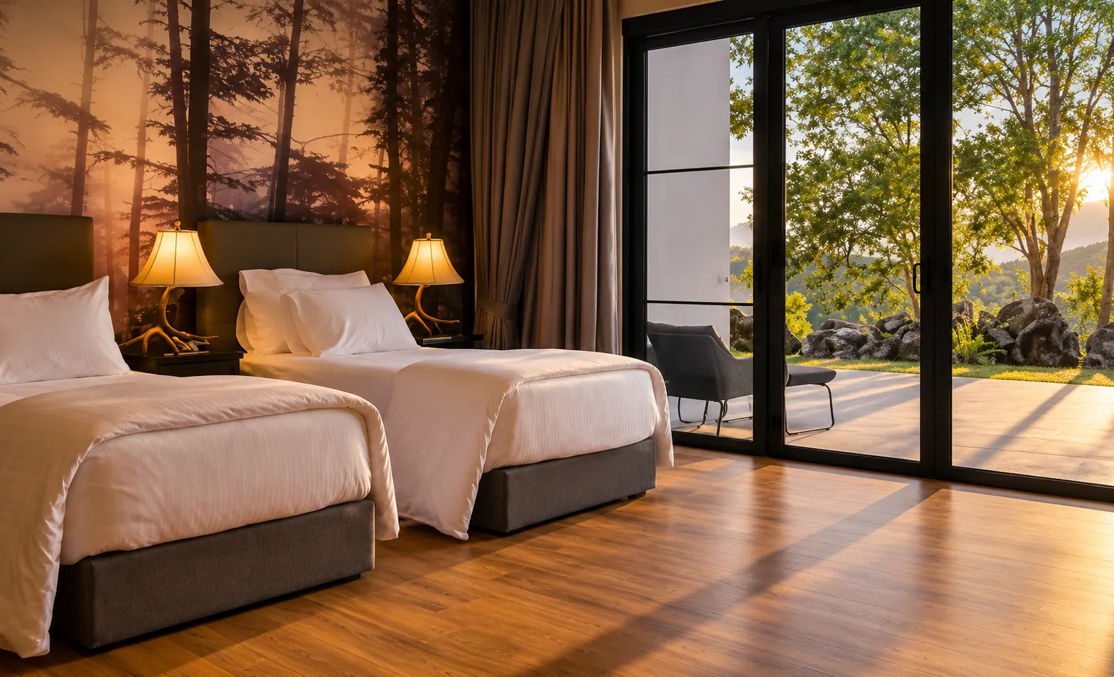 A twin bedroom opening onto the garden