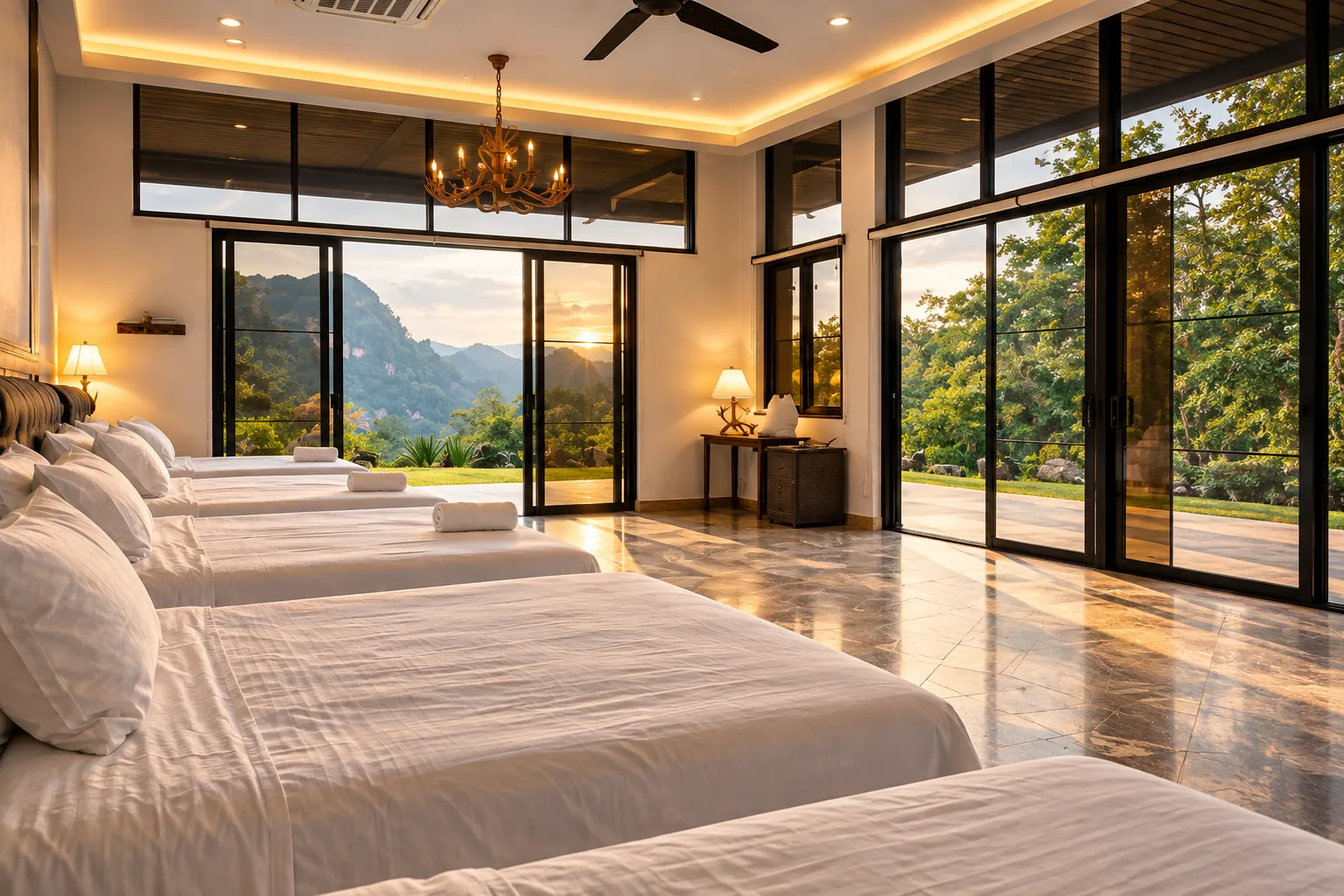 The family room, a row of beds and windows onto the hills