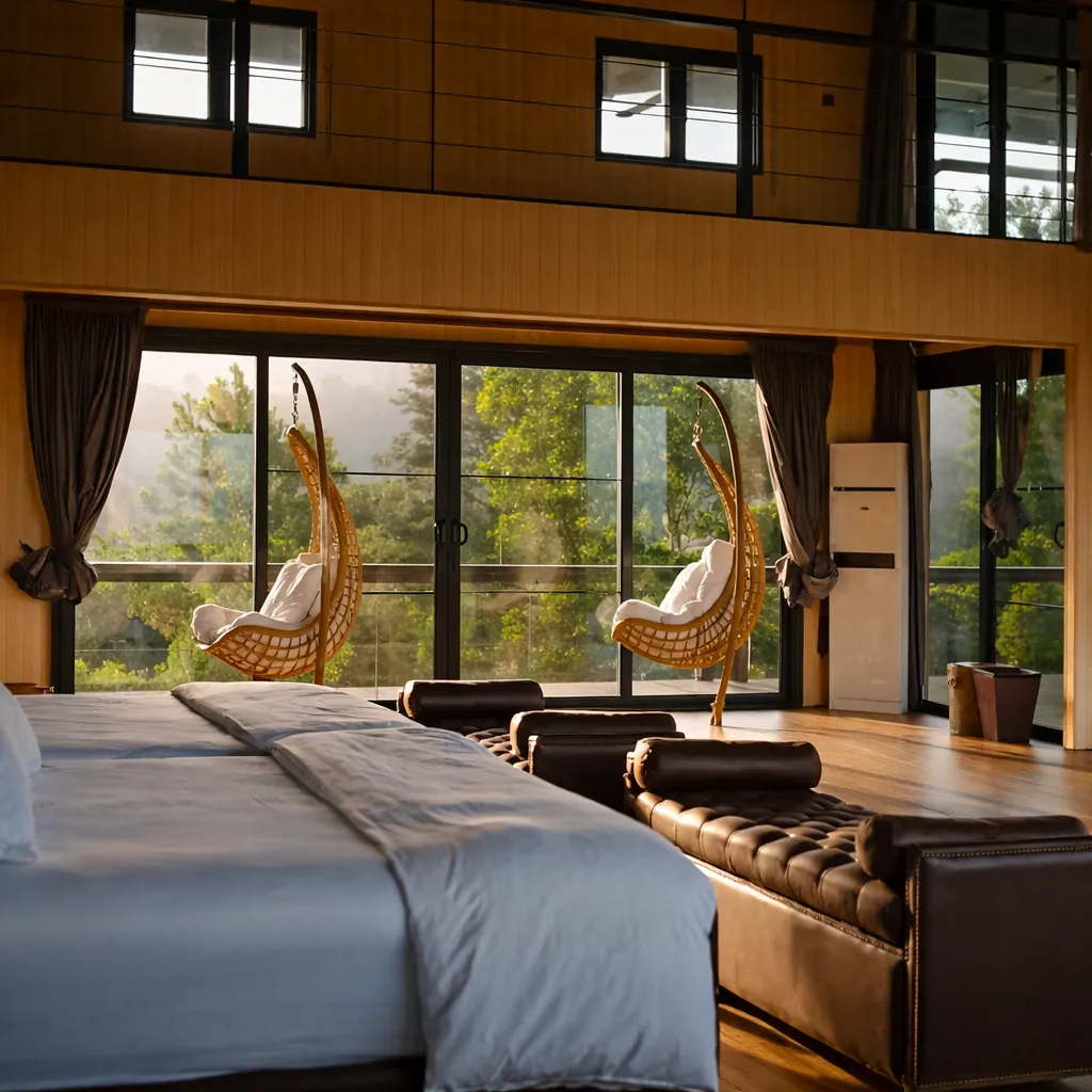 A suite with hanging chairs by tall windows onto the trees