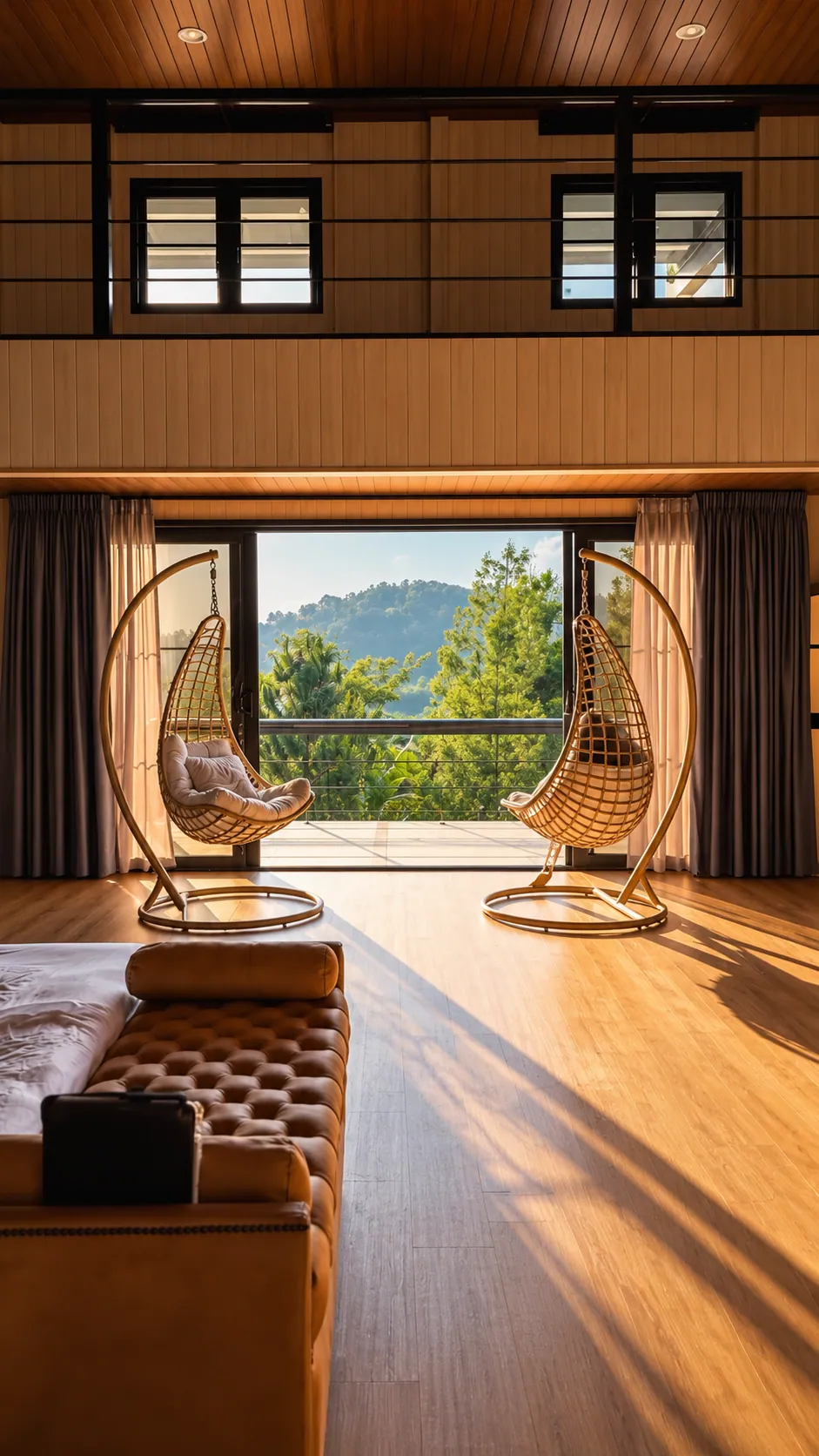 Hanging chairs by the window, the hills beyond