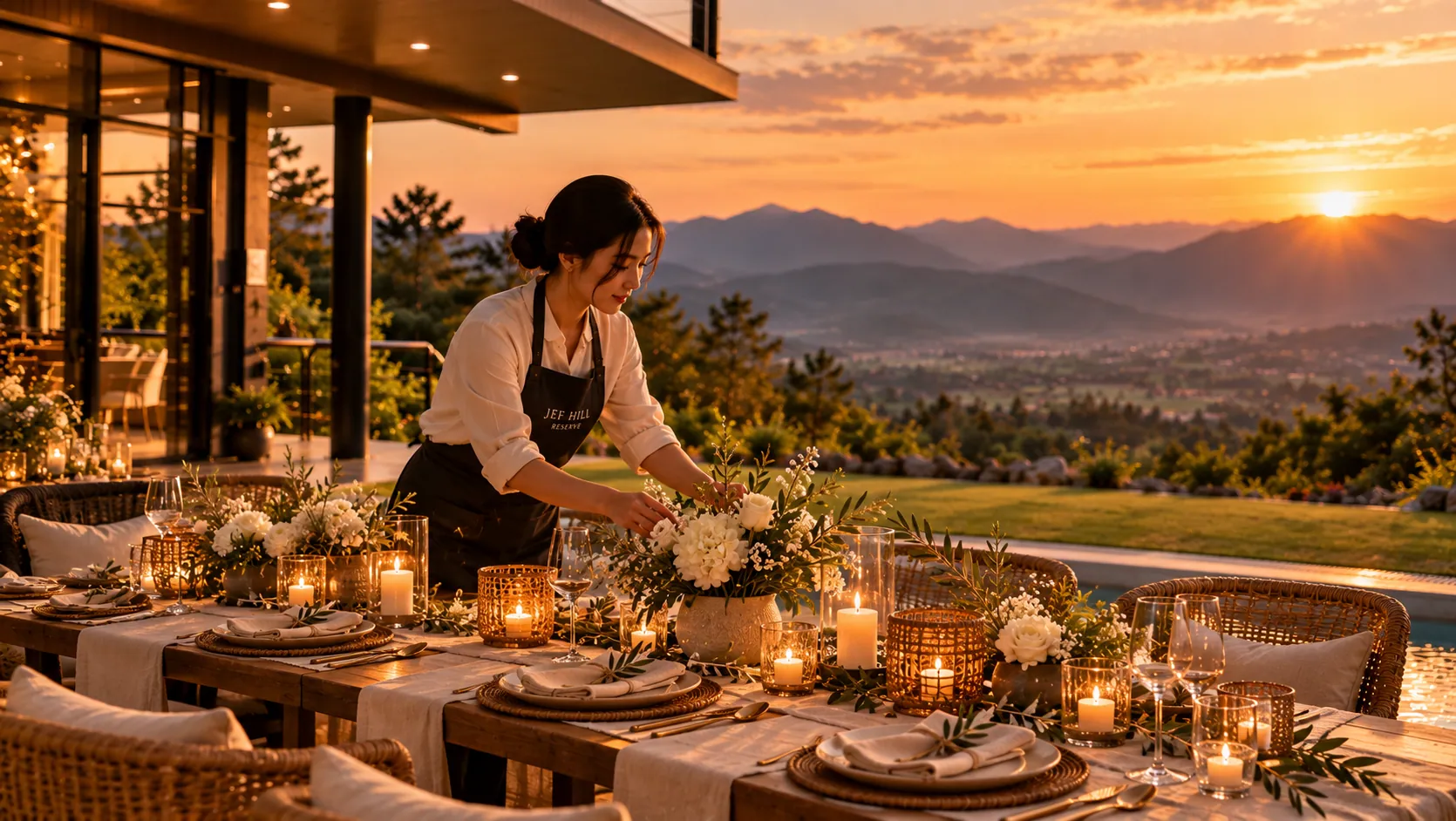 A host setting a long dinner table at sunset