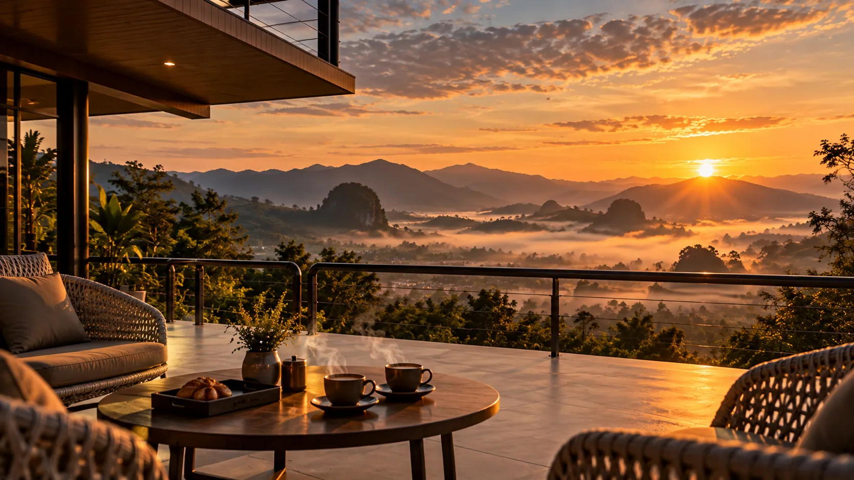 Coffee on the terrace at sunrise, mist in the valley below