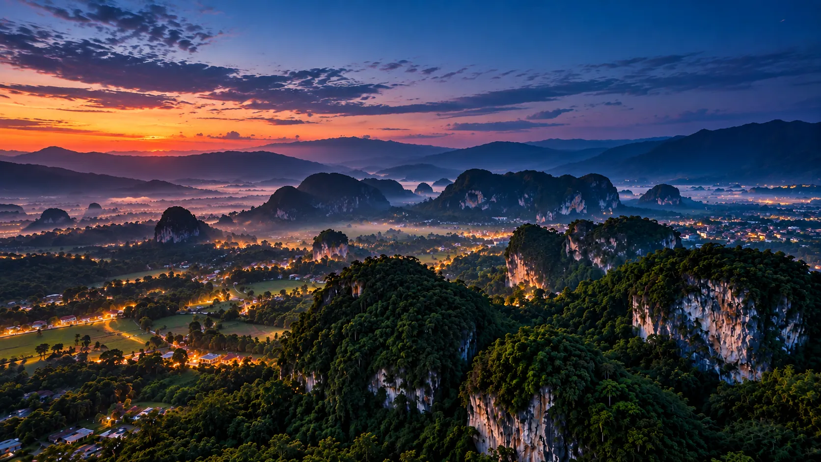 The Kinta Valley limestone hills at dusk, village lights below