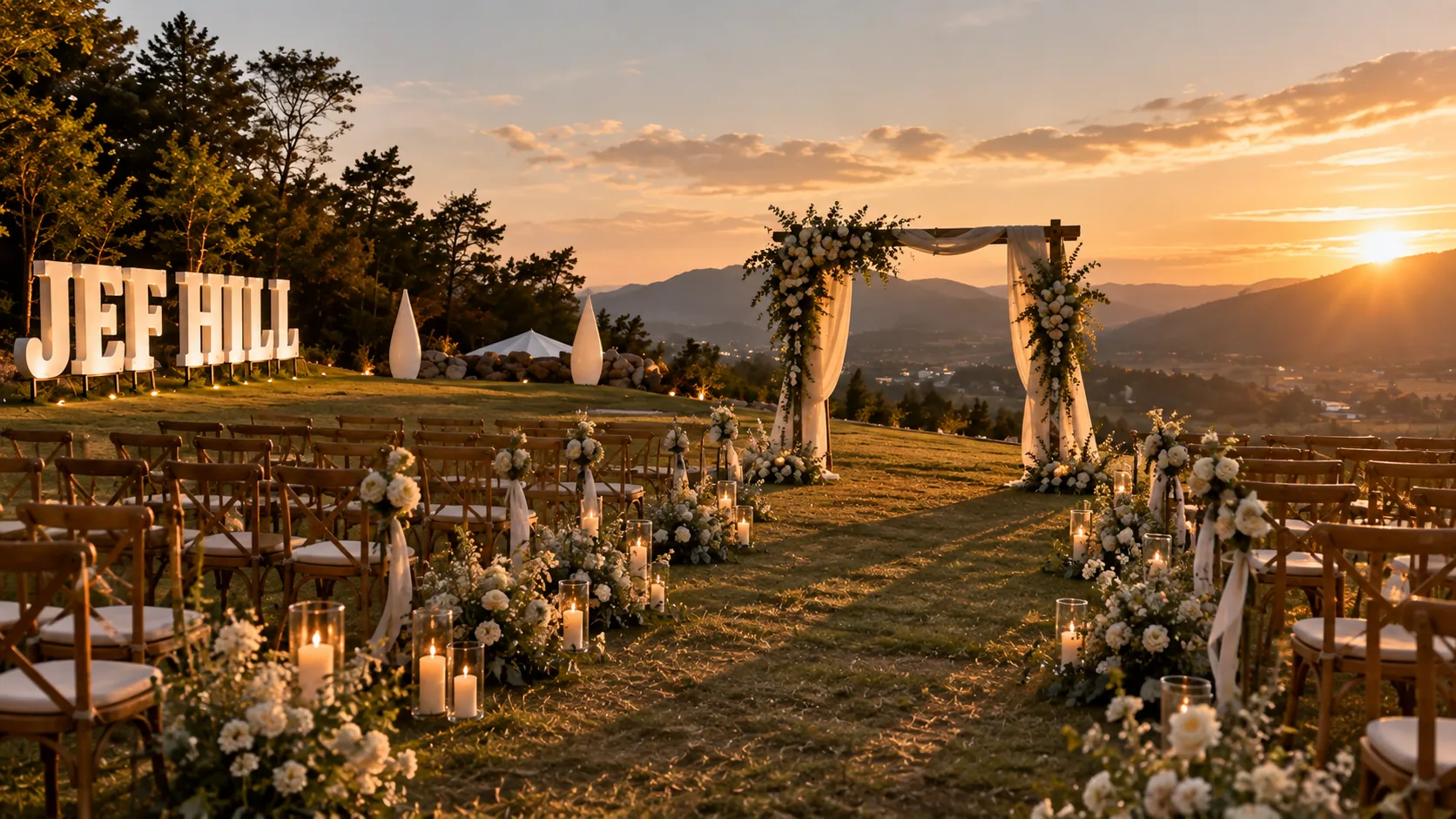 A wedding aisle and arch on the lawn at sunset