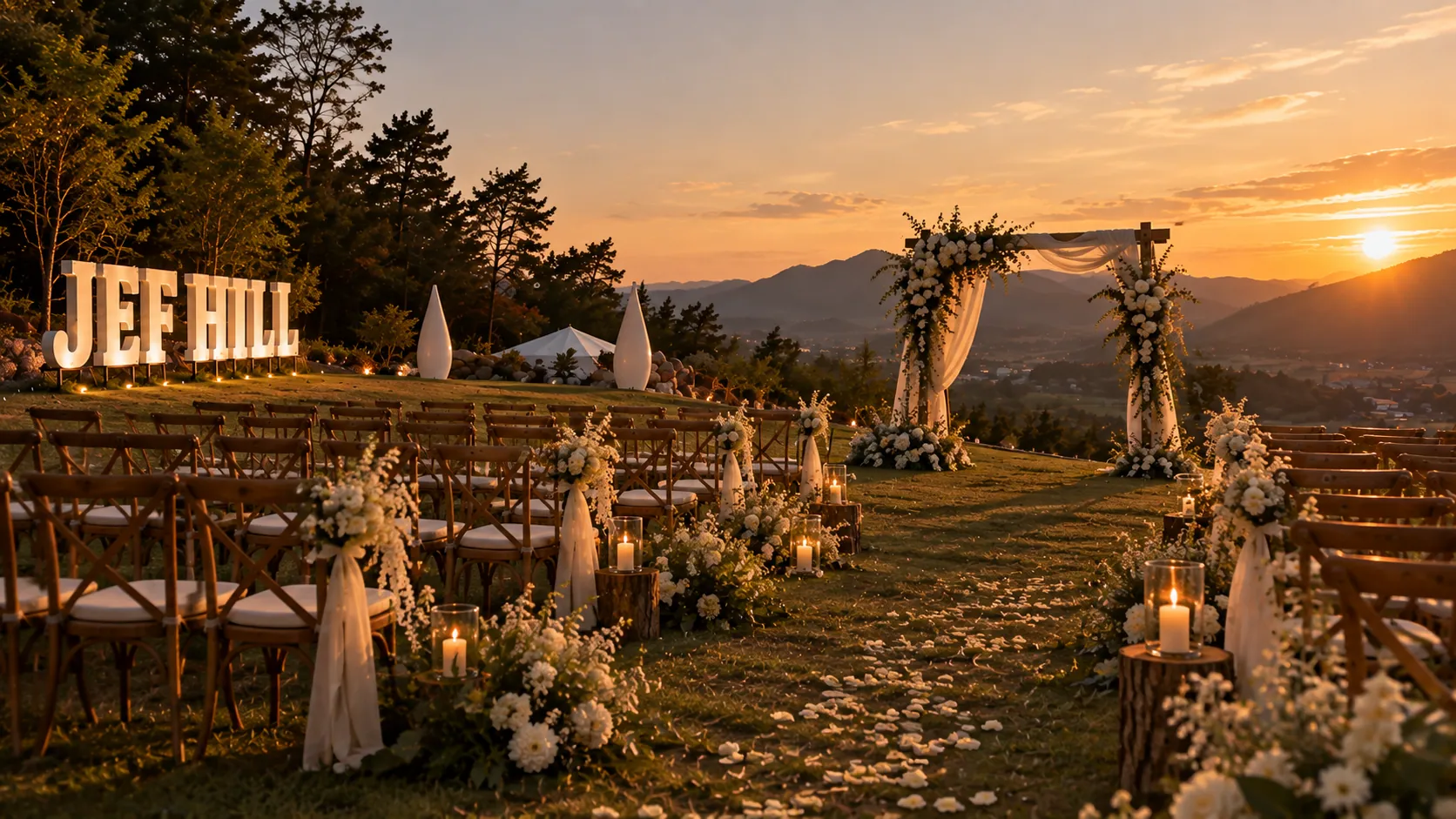 Ceremony seating and flowers on the lawn at golden hour