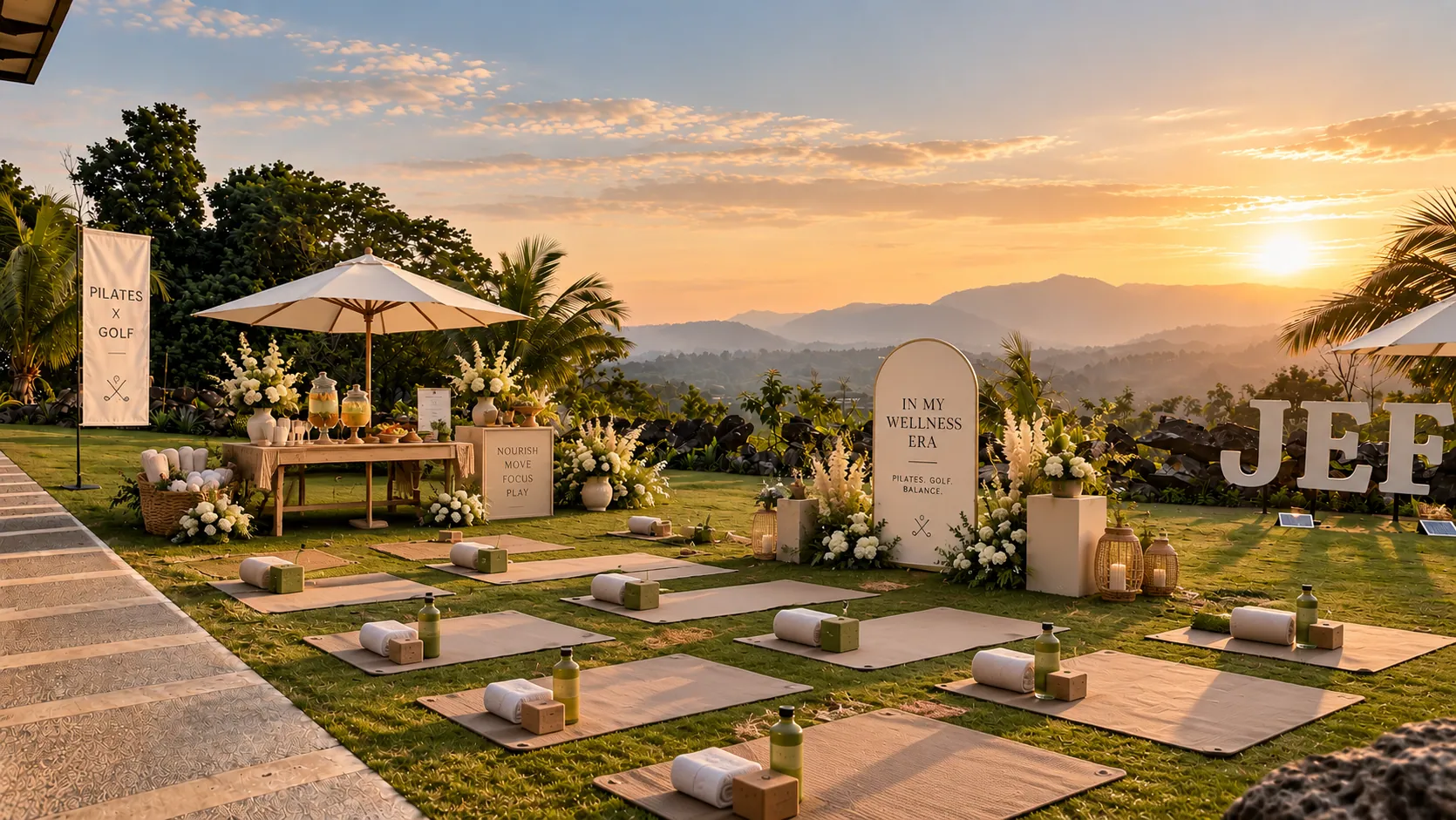 Mats and a wellness setup laid out on the lawn at sunset