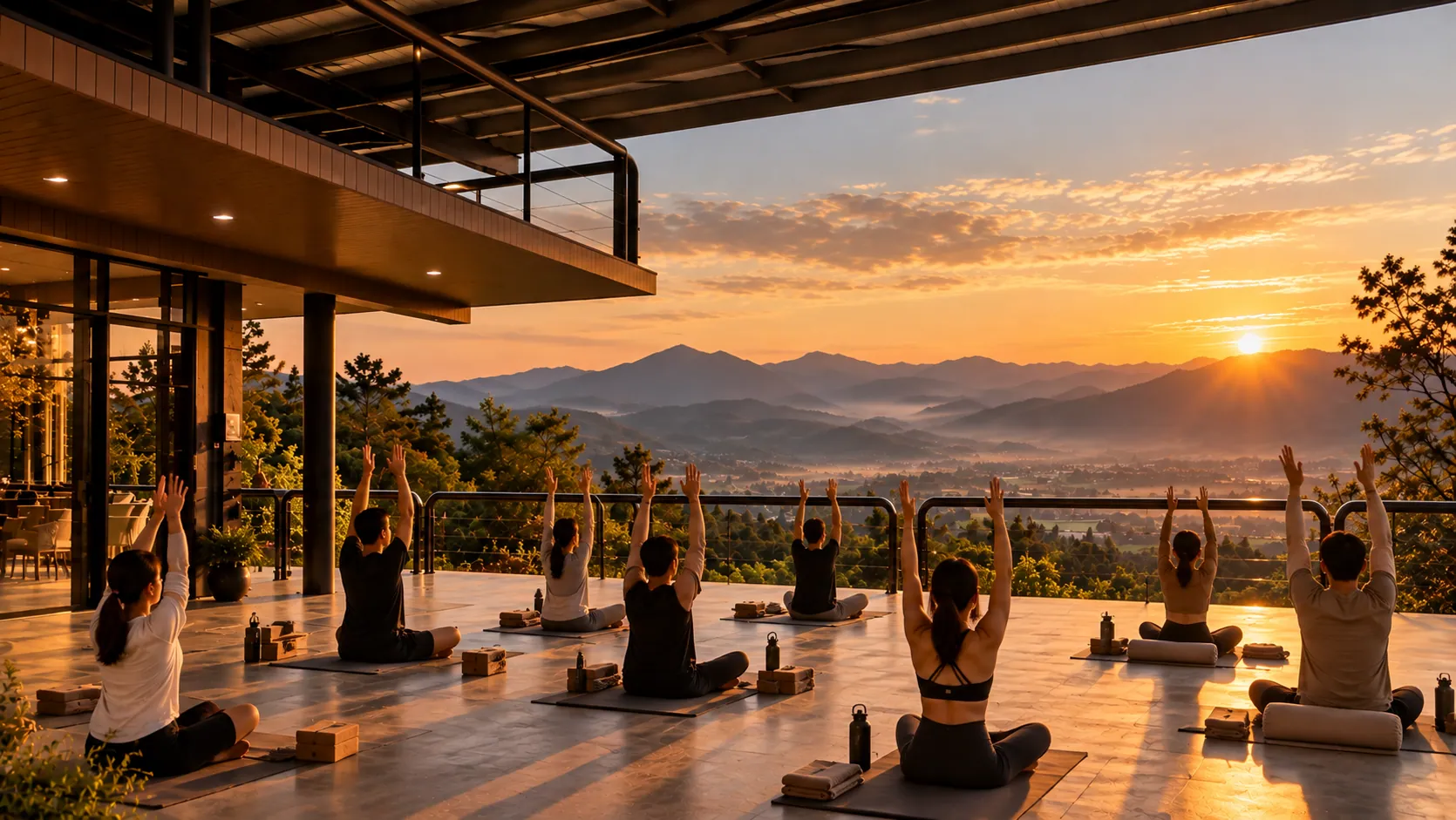 A group yoga class on the terrace at sunrise